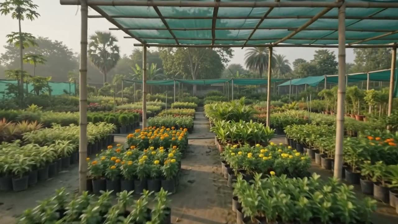 Rows of potted plants in an open nursery bed, leading toward a polytunnel